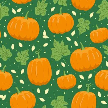 Pumpkin seamless pattern on green background. Pumpkin, leaves, seeds. Flat Stock Illustration