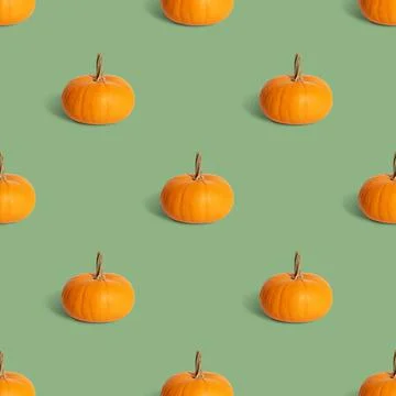 Pumpkin seamless pattern on a green background. Autumn or halloween concept. Stock Photos