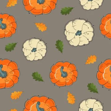 Pumpkin seamless pattern with leaves on grey background. Vector illustration. Stock Illustration