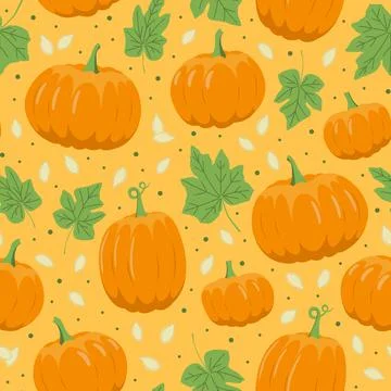 Pumpkin seamless pattern on orange background. Pumpkin, leaves, seeds. Flat Stock Illustration