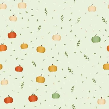 Pumpkin seamless pattern with orange, yellow, green, cream pumpkins, small Stock Illustration