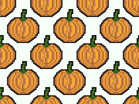Pumpkin seamless pattern in pixel art style. 8 bit pumpkin in 2D retro style Stock Illustration