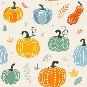 Pumpkin seamless pattern vector illustration. Gourds in flat simple modern Stock Illustration