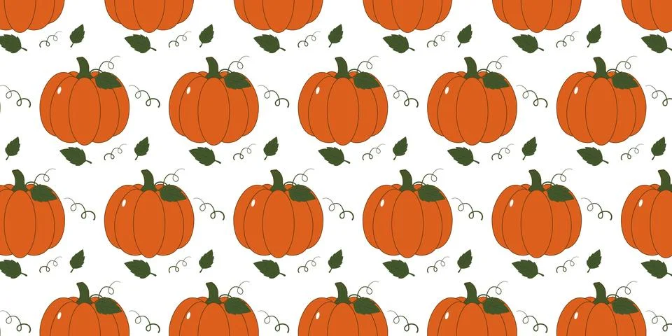 Pumpkin seamless pattern vectors background with green leaves isolated on whi Stock Illustration