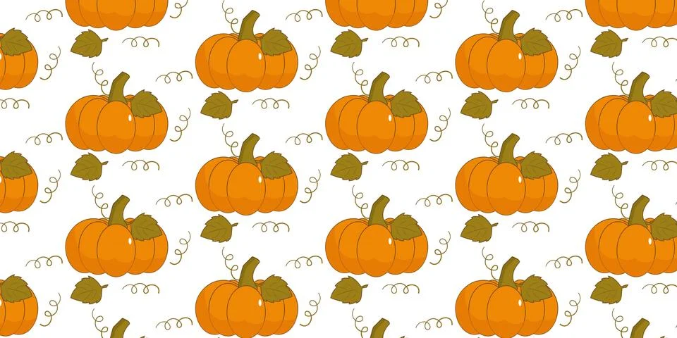Pumpkin seamless pattern vectors background with green leaves isolated on whi Illustration
