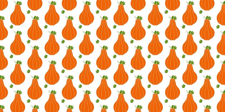 Pumpkin seamless pattern vectors background with green leaves isolated on whi Illustration