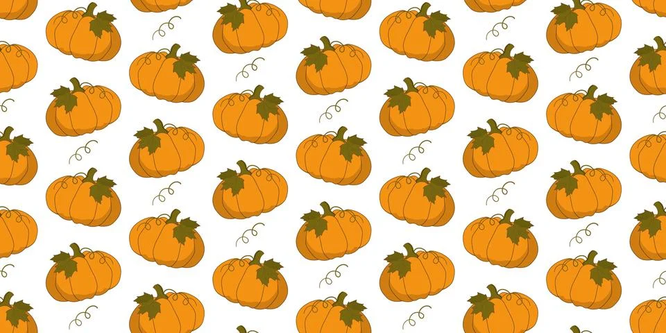 Pumpkin seamless pattern vectors background with green leaves isolated on whi Illustration