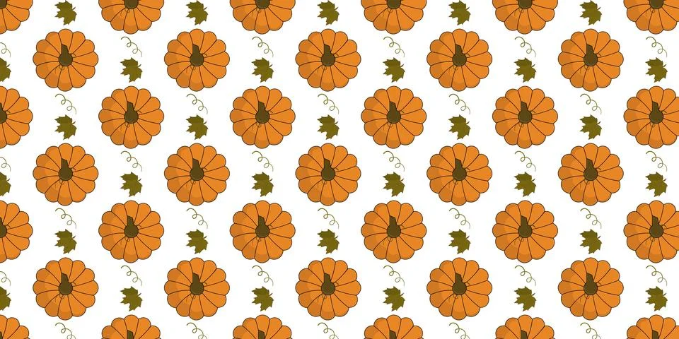 Pumpkin seamless pattern vectors background with green leaves isolated on whi Illustration