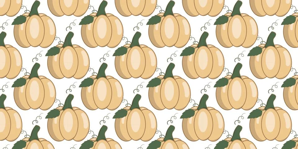 Pumpkin seamless pattern vectors background with green leaves isolated on whi Illustration