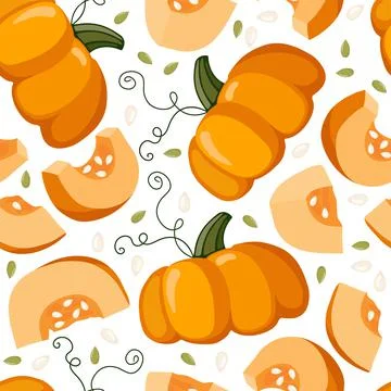 Pumpkin seamless pattern. Whole and Cut vegetable with seeds. Healthy eating Stock Illustration
