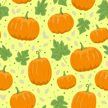 Pumpkin seamless pattern on yellow background. Pumpkin, leaves, seeds. Flat Stock Illustration