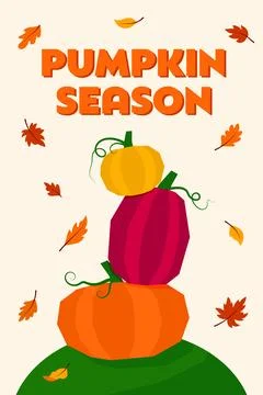 Pumpkin Season flat vector greeting card with stacked pumpkins and leaves イラスト素材