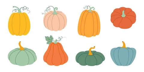 Pumpkin set. Pumpkin and squash different colors and sizes. Hand drawn flat Illustrazione stock