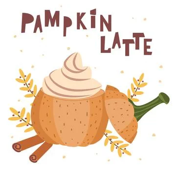Pumpkin shaped latte coffee cup with spices. Vector illustration Illustrazione stock