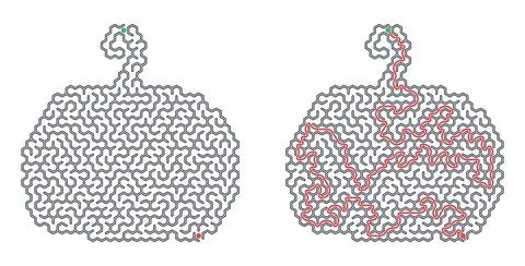 Pumpkin shaped maze puzzle with solution path. Printable brain teaser game fo Stock Illustration