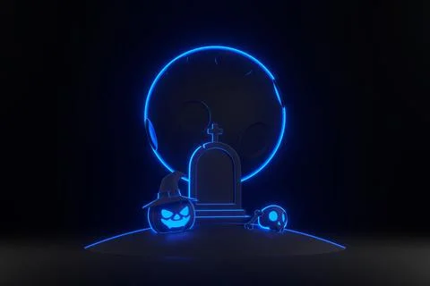 Pumpkin, skull, bone and grave under moon with neon lights on black background Stock Illustration