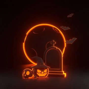 Pumpkin, skull, bone and grave under moon with neon lights on black background Stock Illustration