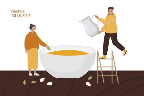 Pumpkin Soup bowl on table. Tiny woman and man chef cooking tasty traditional 库存插图