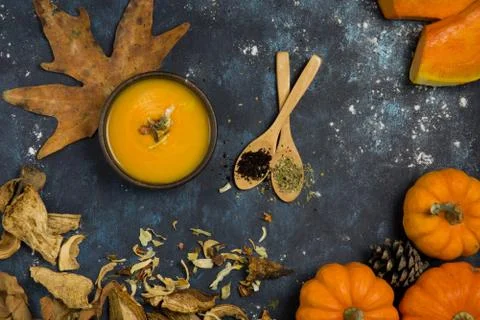 Pumpkin soup flatlay Stock Photos