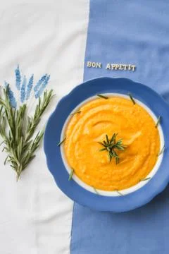Pumpkin soup in a plate Stock Photos