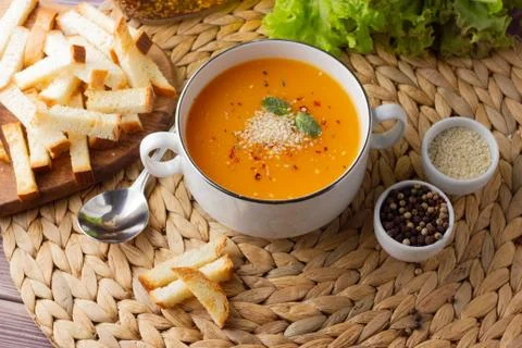 Pumpkin soup on the table Stock Photos