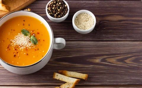 Pumpkin soup on the table Stock Photos