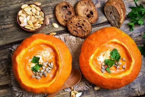 Pumpkin soup, top view Stock Photos