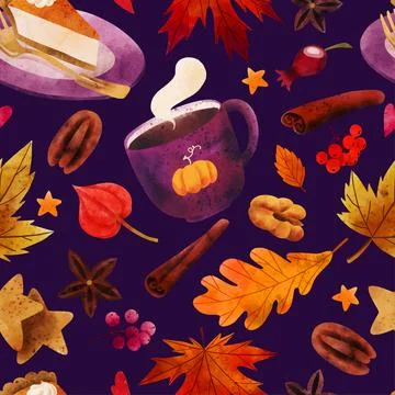 Pumpkin spice, cozy seamless pattern with fall art Stock Illustration