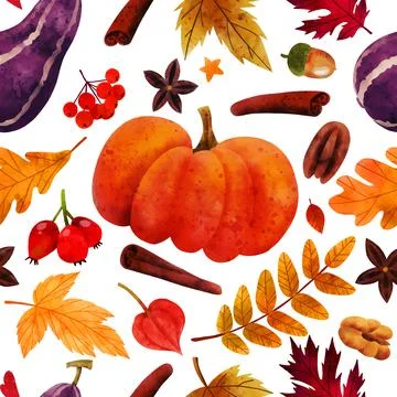 Pumpkin spice, cozy seamless pattern with fall objects Stock Illustration