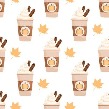 Pumpkin spice latte and maple leaves seamless pattern. Vector background il.. Stock Illustration