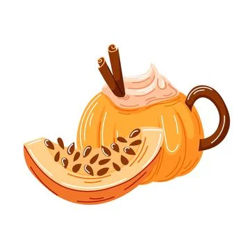 Pumpkin spice latte in a coffee cup made of pumpkin with cinnamon stick and a Stock Illustration