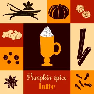 Pumpkin spice latte on ginger background. Black silhouettes.  Stock Illustration