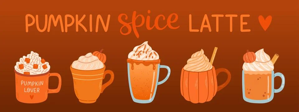 Pumpkin spice latte set. Vector for postcards, stickers, planner, check lists Illustrazione stock