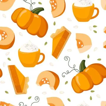 Pumpkin spice product seamless pattern. Pumpkin, pie, jam, latte. Food and Stock Illustration