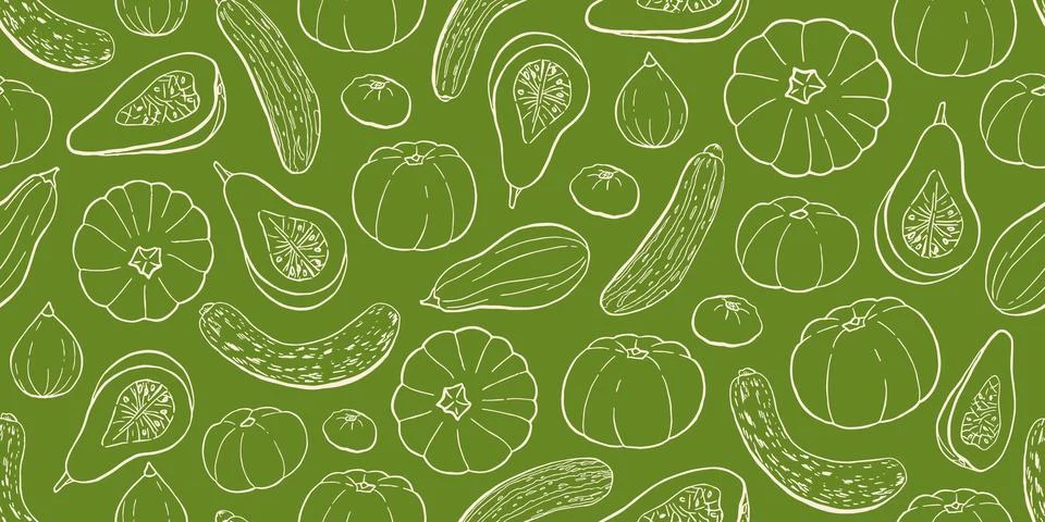 Pumpkin, Squash, Zucchini Seamless Pattern on Green Background Illustration