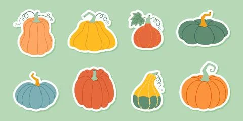Pumpkin sticker set. Pumpkin and squash different colors and sizes. Hand drawn Stock Illustration