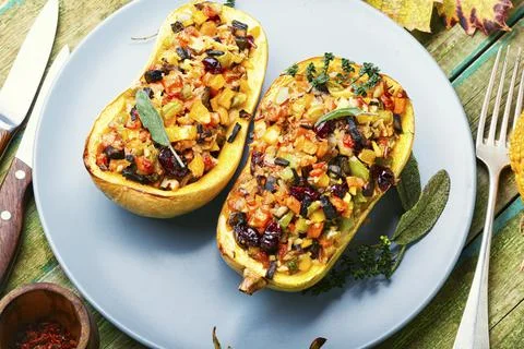 Pumpkin stuffed with rice Stock Photos