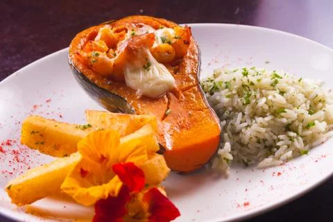 Pumpkin Stuffed with Shrimp 스톡 사진