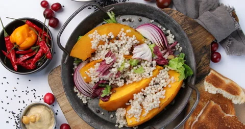 Pumpkin stuffed vegetables.  Stock Footage 223338512