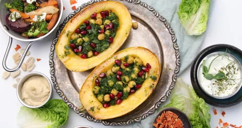 Pumpkin stuffed vegetables. Rotate, top view Stock Footage 225407785