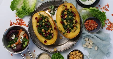 Pumpkin stuffed vegetables. Rotate, top view Stock Footage 225407963