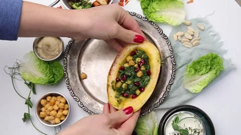 Pumpkin stuffed vegetables. Rotate, top view Stock Footage 227268197