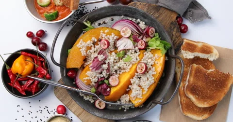 Pumpkin stuffed vegetables. Rotate, top view Stock Footage 227268960