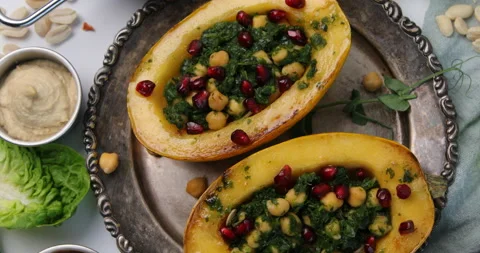 Pumpkin stuffed vegetables. Rotate, top view Stock Footage 229240825