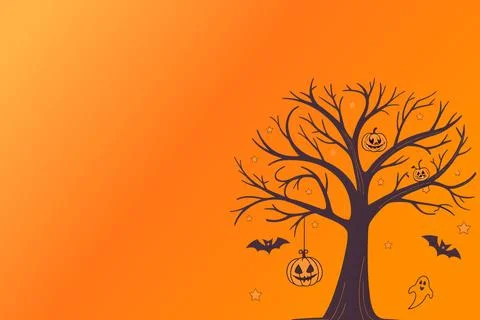 Pumpkin Sunrise Warm Orange Gradient with Halloween Tree Scene Stock Illustration