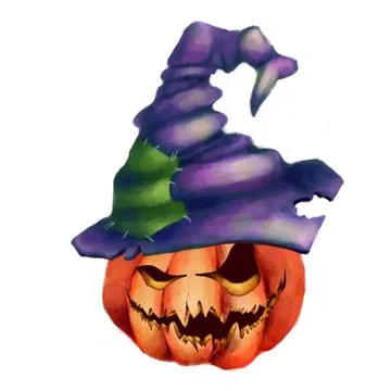 Pumpkin with a terrible face in a witch hat. Halloween. isolated Stock Illustration