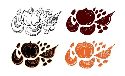 Pumpkin. Vector set. Natural seed, organic oil, vegan milk. Hand drawn sketch Illustrazione stock