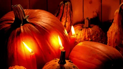 Pumpkin Wallpaper. lots of pumpkins in the light of red candles Stock Footage 313950809