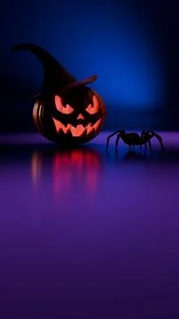 Pumpkin with witch hat glowing in purple atmosphere with spider Stock Illustration