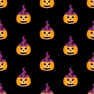 Pumpkin in a witch hat. Halloween pattern. Vector illustration. Seamless pattern Stock Illustration